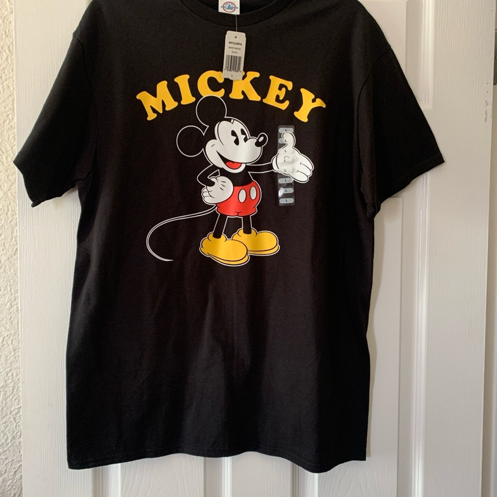 Delta Black Mickey Mouse Graphic Tee with Yellow and Red Accents